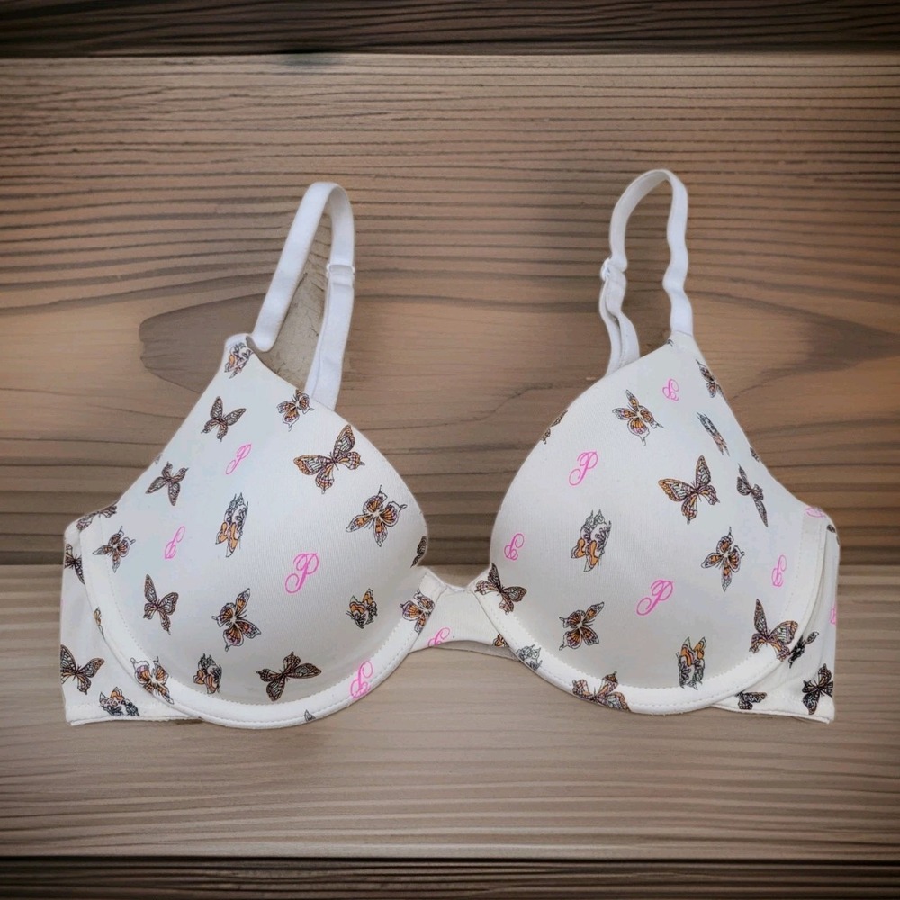 VS PINK Wear Everywhere T-Shirt Bra Womens 32C White Butterfly Underwire Lined
